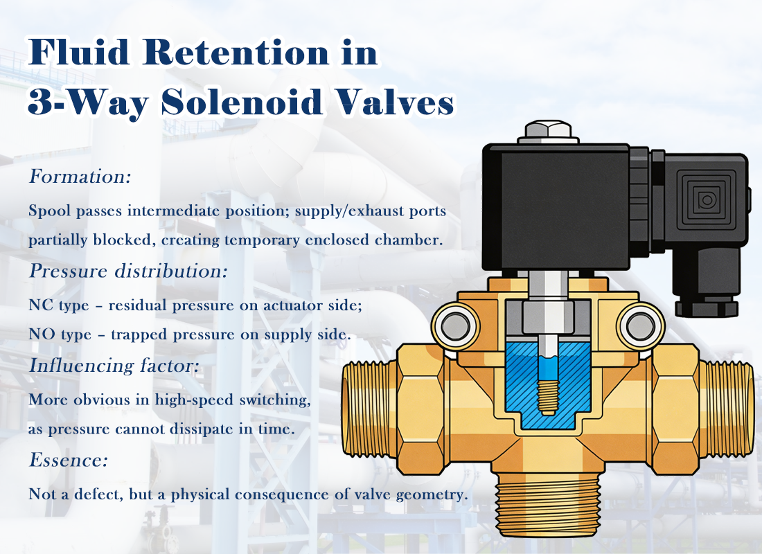 Fluid Retention During Supply and Exhaust Switching in 3-Way Solenoid Valves